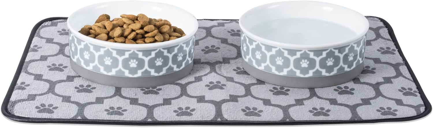 Recipiente y tazón para mascotas Bone Dry Lattice Collection, juego pequeño, 4.25×2 pulgadas, gris, 2 unidades