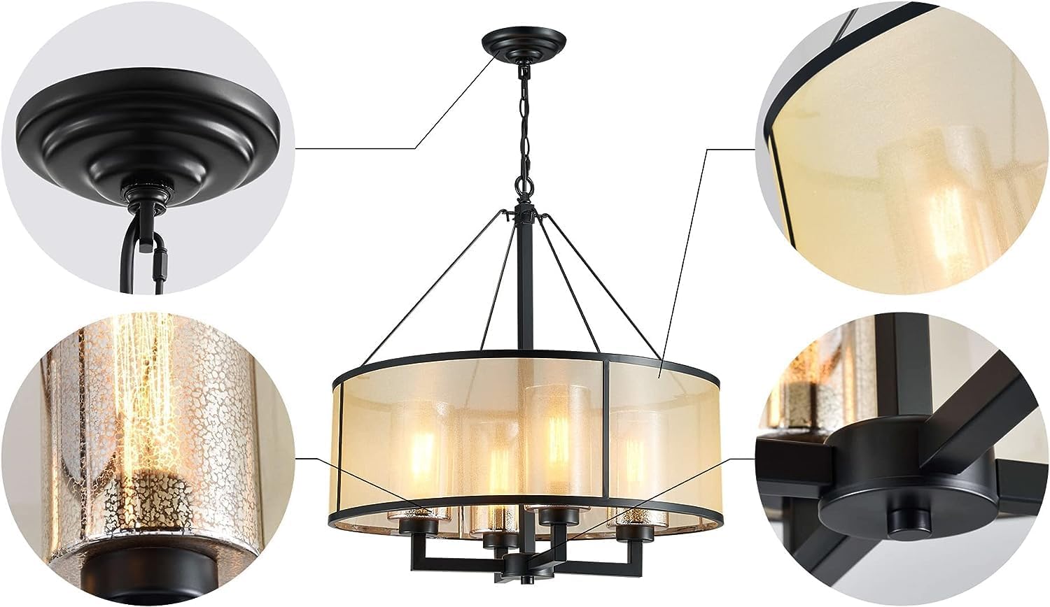 23018 Lámpara de araña moderna de bronce antiguo con 4 luces doradas, lámpara colgante de red para comedor, sala de estar, dormitorio, cadena