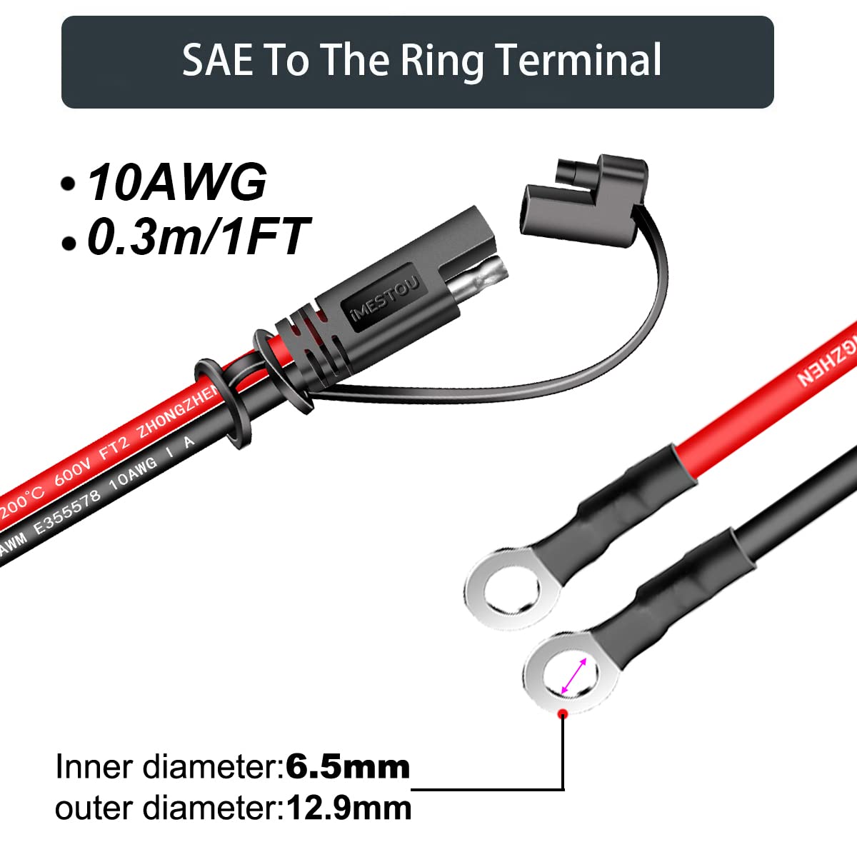 iMESTOU Arnés de terminal SAE a anillo tórico de 10 AWG, enchufe de desconexión rápida de 2 pines, arnés de terminal de ojal, cable de carga, cable