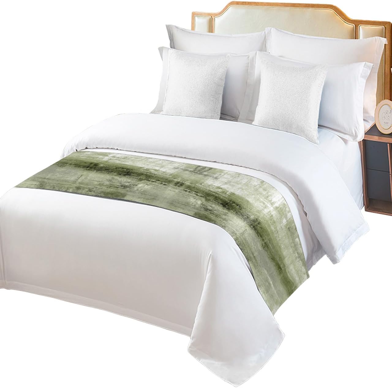 Camino de cama para cama tamaño Queen, color verde salvia, manta decorativa para pie de cama, pintura al óleo geométrica moderna, arte abstracto,