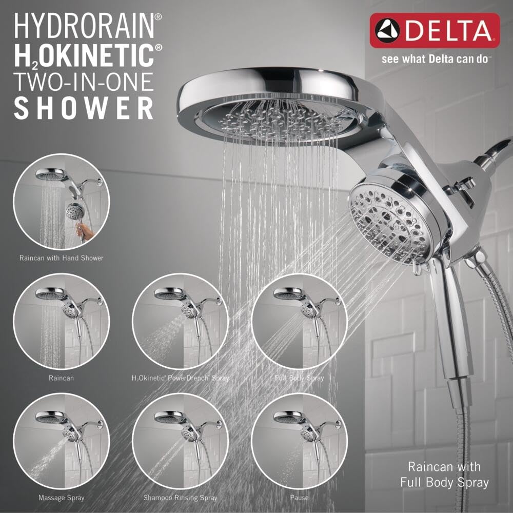 Delta Faucet HydroRain H2Okinetic 58680-25 – Regadera doble de 5 pulverizaciones con rociador de mano y manguera, regaderas de mano, regadera