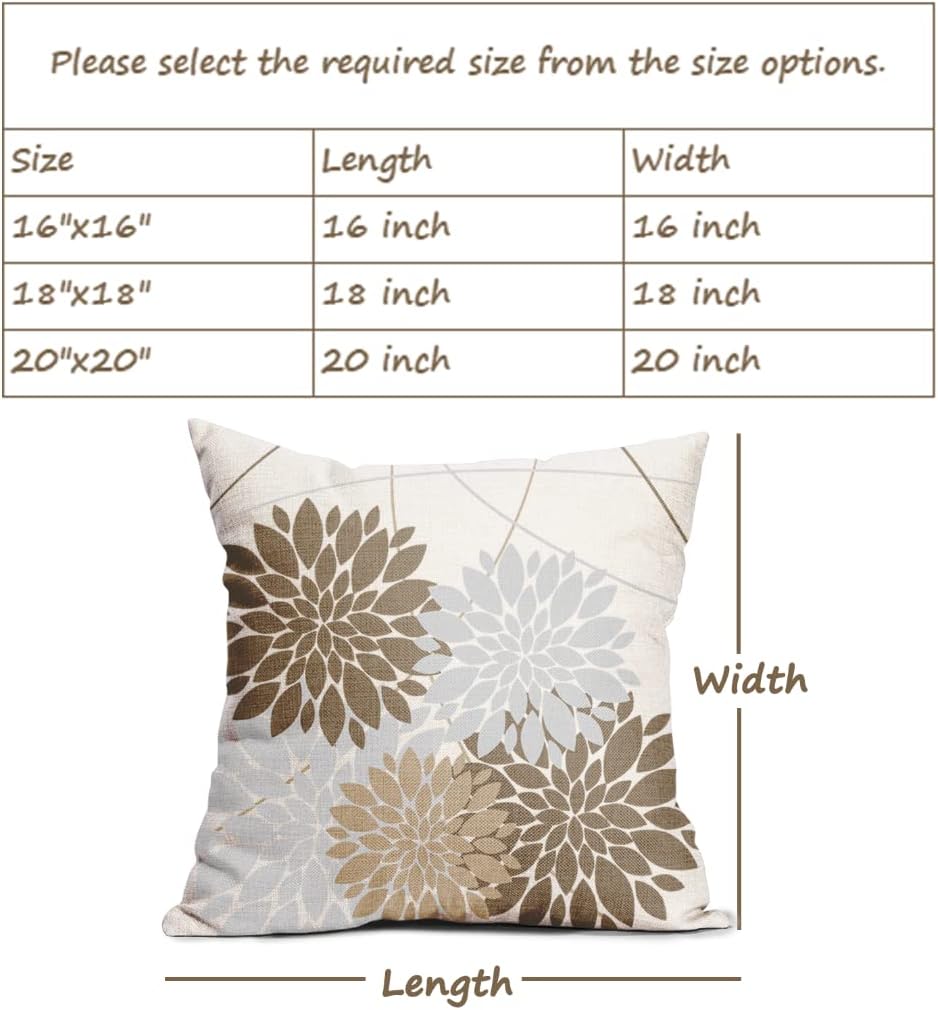 WOFOLE Juego de 2 fundas de almohada de 16 x 16 pulgadas con estampado de flores de dalia gris, decoración al aire libre, fundas de cojín de lino