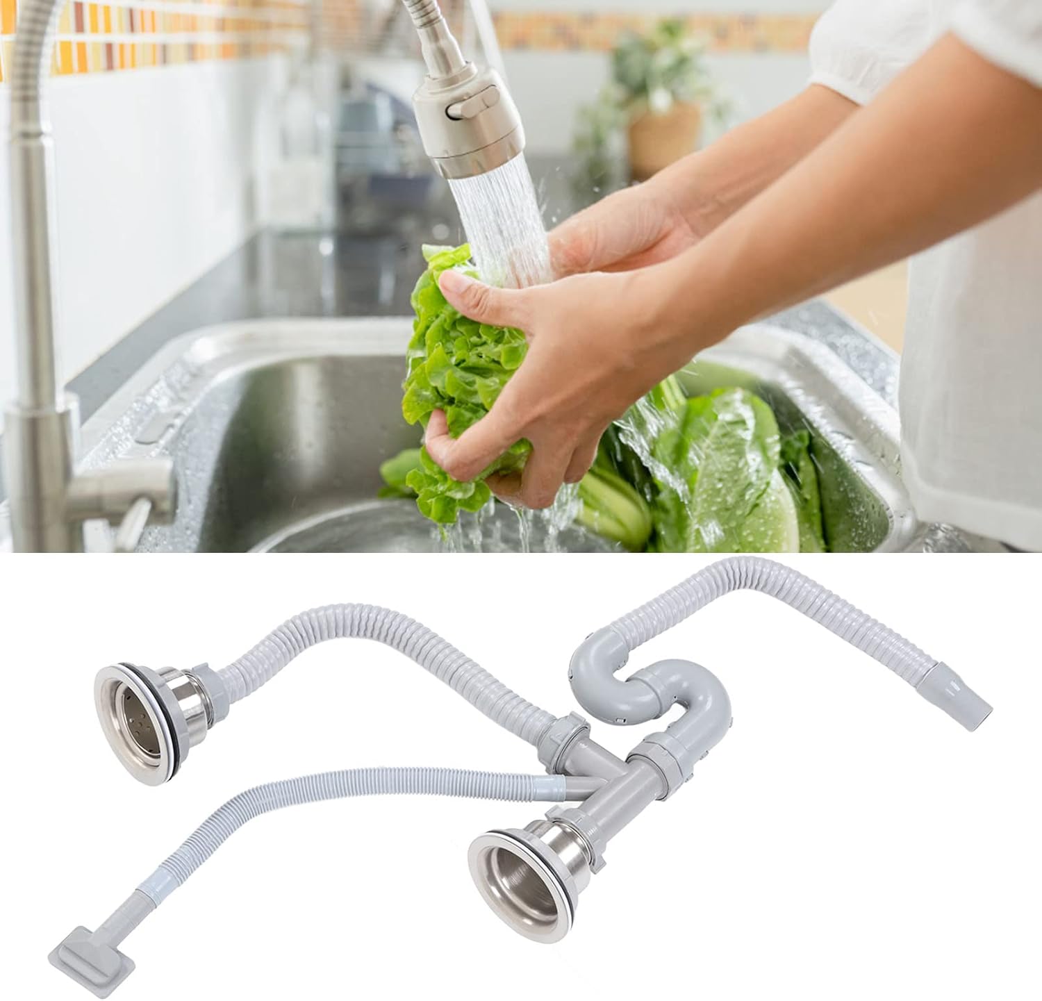 Juego de drenaje y tubería de fregadero, tubo de drenaje doblado en S de acero inoxidable para fregadero de cocina con doble drenaje, juego de