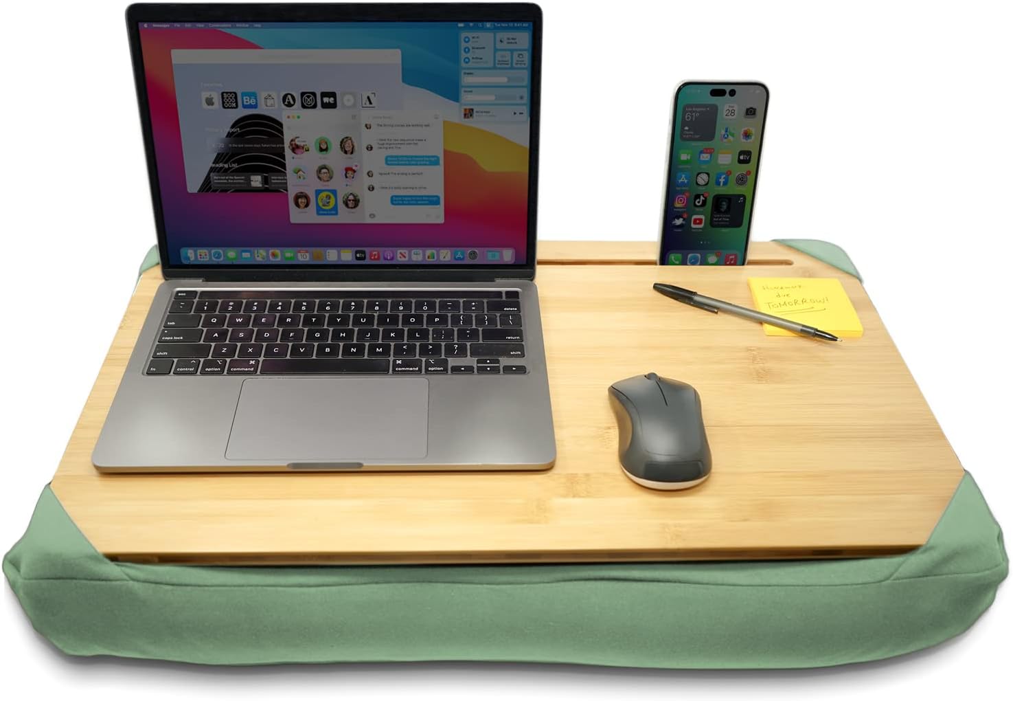 Yogibo Traybo Pro – Escritorio de regazo para laptop con cojín y almohada para dormir, bandeja superior de bambú con estación de trabajo para
