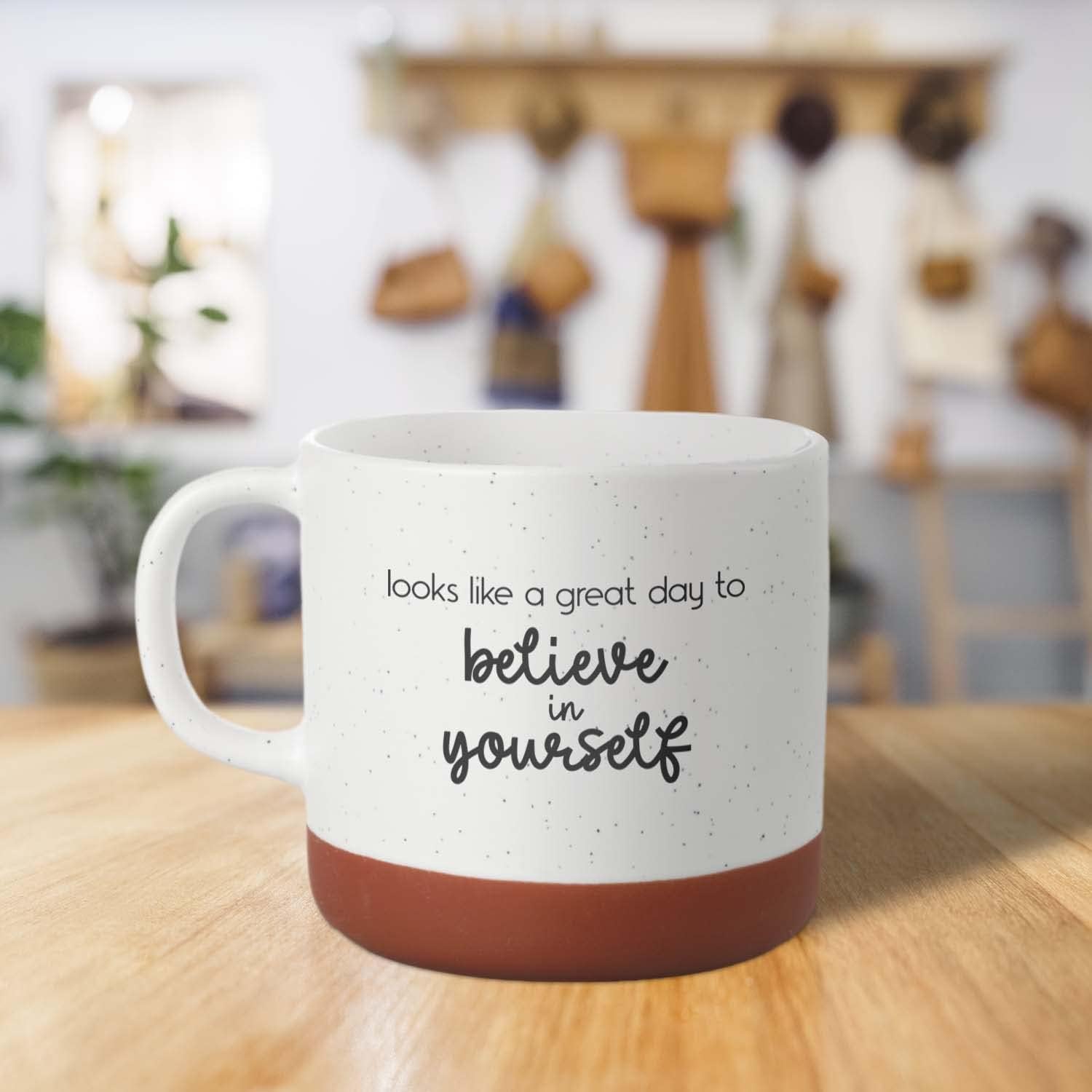 Canopy Street Taza de café de cerámica moteada de 13 onzas con texto en inglés Looks Like A Great Day To Believe In Yourself, taza de café