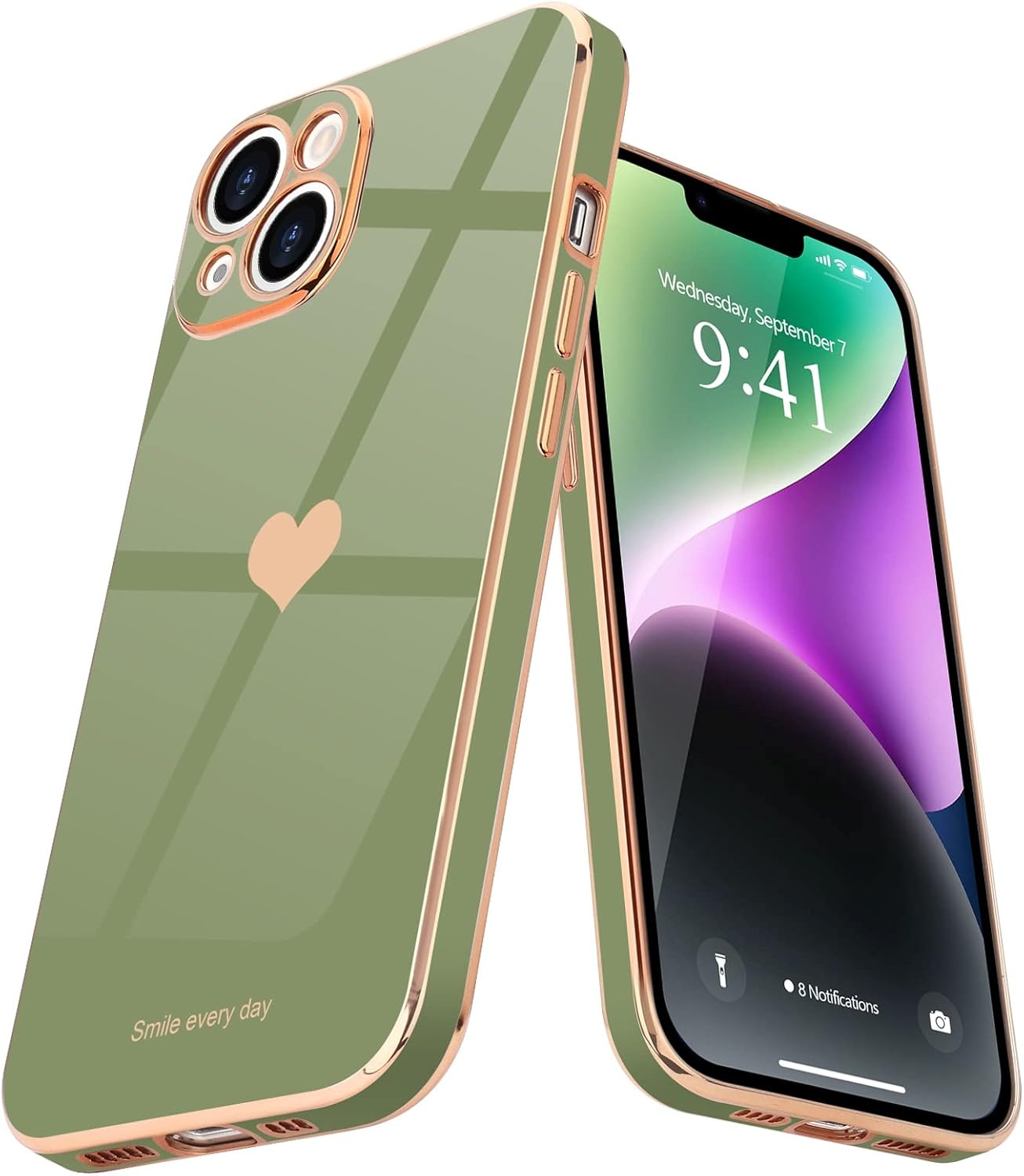 Teageo Funda para iPhone 14 Plus para mujeres y niñas, diseño de corazón de amor, chapado de lujo, cubierta trasera suave, protección completa de la