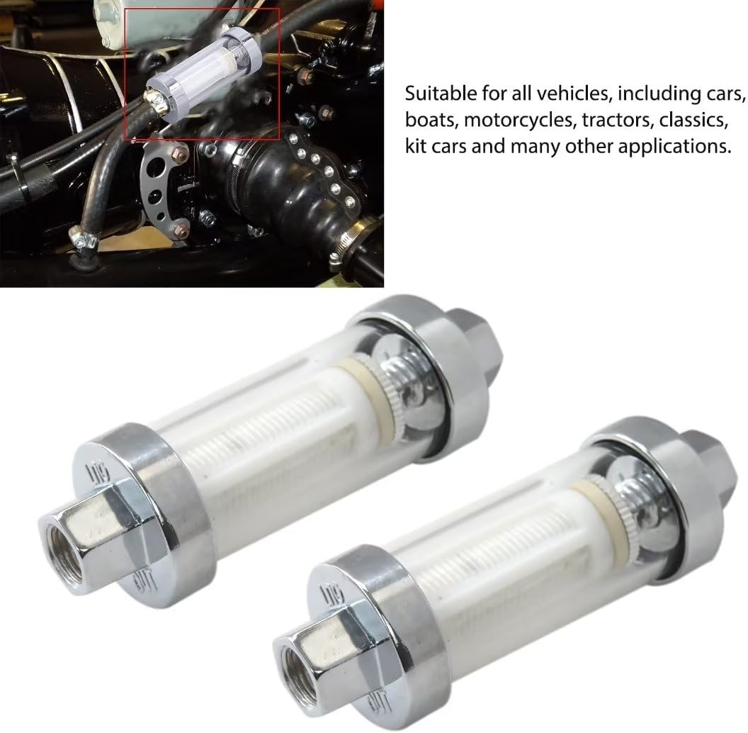 Paquete de 2 filtros de combustible universales Clear View en línea 38 “cromo manguera Barb Gasolina