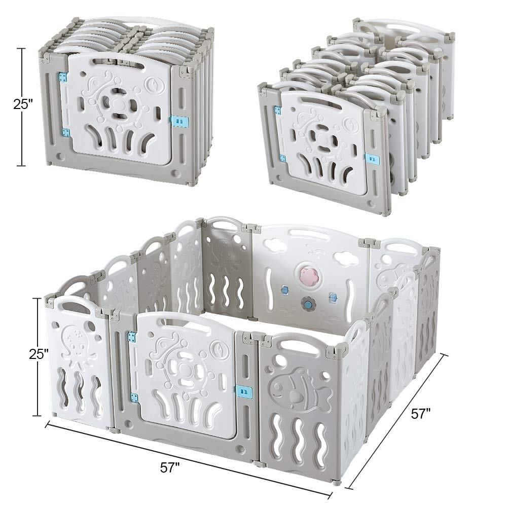Albott Corralito para bebés mejorado de 14 paneles plegable con panel de juego y puerta de seguridad, forma ajustable, patios portátiles para niños