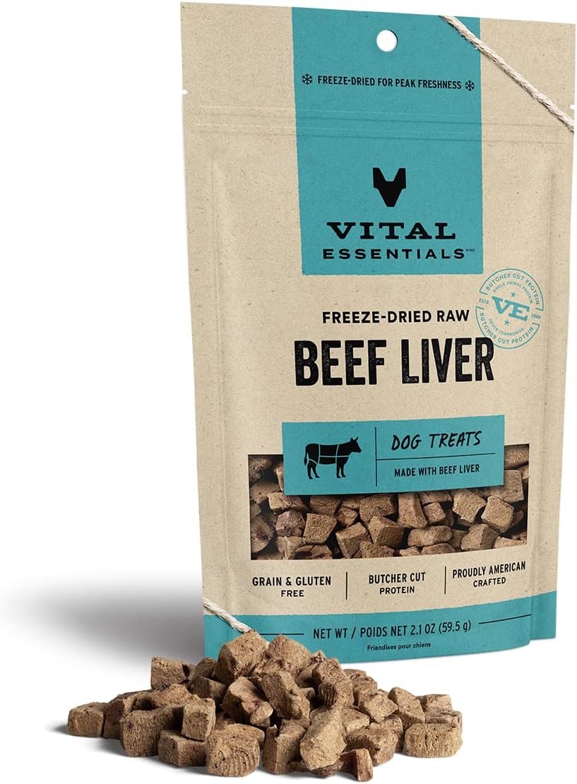 Vital Essentials Golosinas crudas liofilizadas para perros de un solo ingrediente, hígado de res, 2.1 onzas