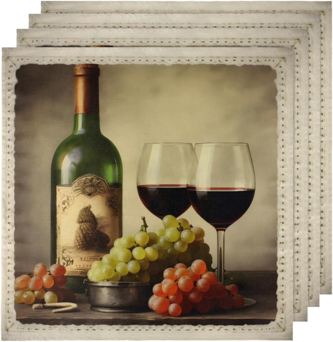 Juego de 6 servilletas de tela de copa de vino tinto de 20 x 20 pulgadas, servilletas de tela de uva, botella de vino de uva, lavables,