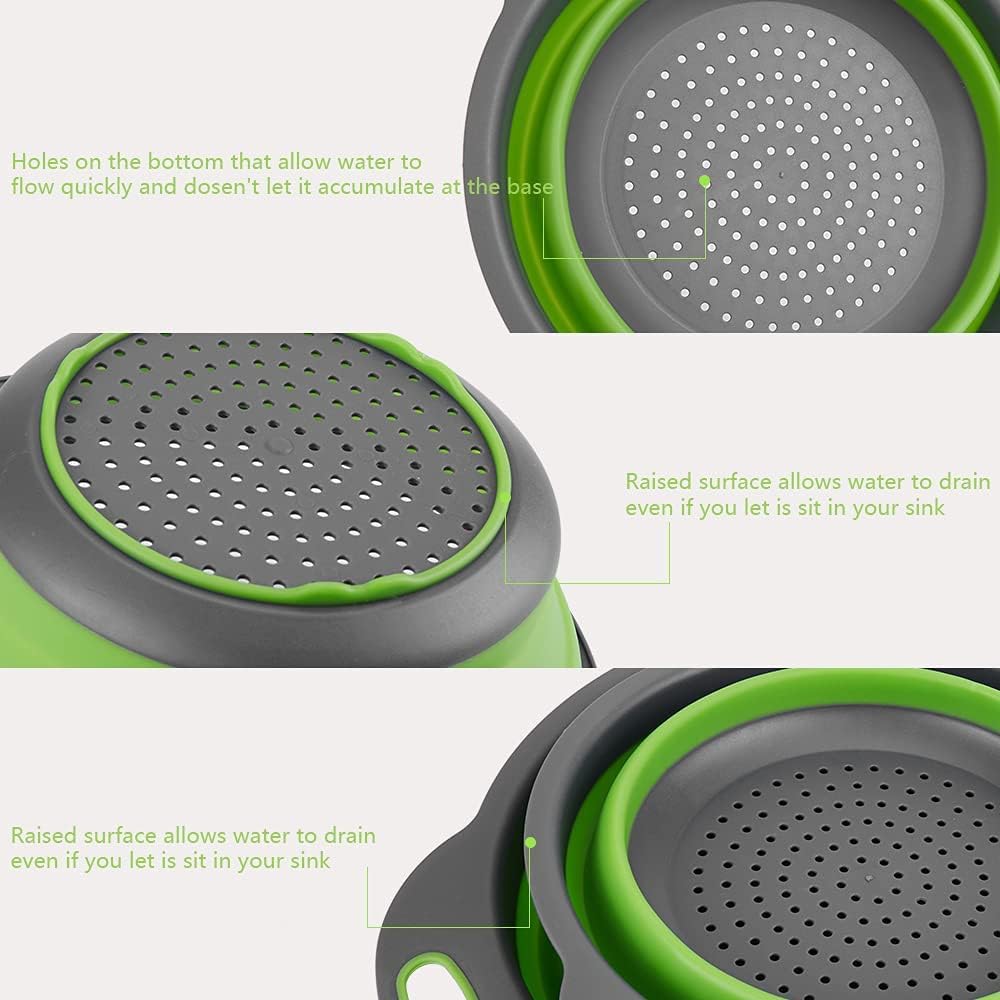 HOWOON Basket Collapsible Colander Set of 2 Round Silicone Kitchen Strainer – 1 large small Perfect for Draining Pasta, Vegetable and fruit (Green)