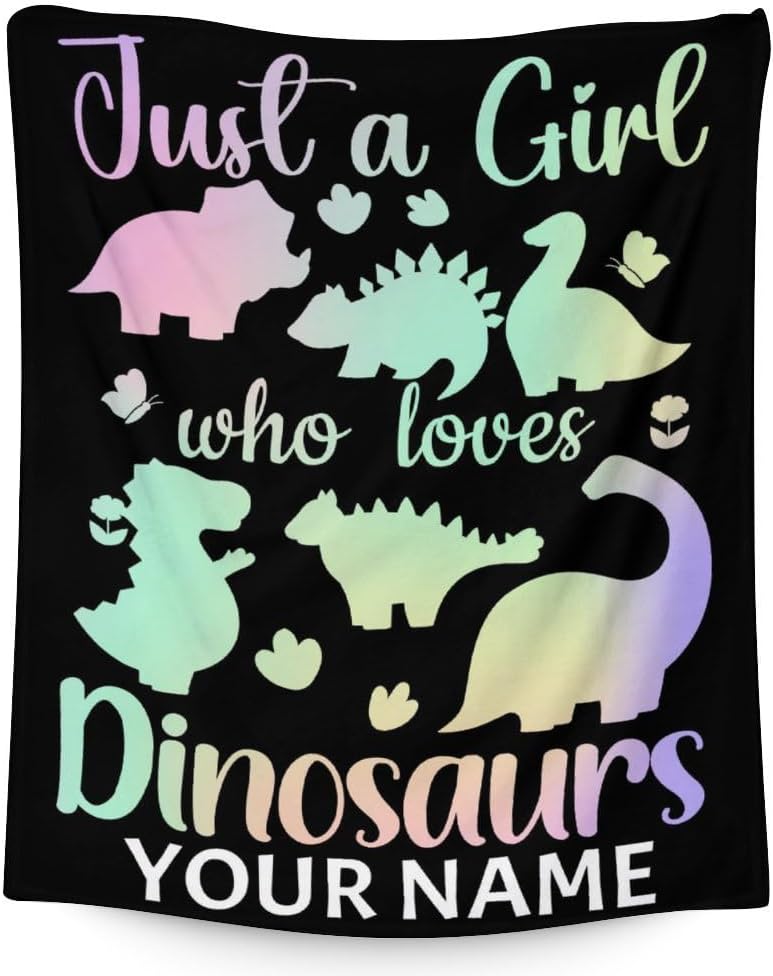 Manta de dinosaurio personalizada con nombre, 30 x 40 pulgadas, bonita manta para adultos y niños, mantas de felpa suave arcoíris para sofá y viajes
