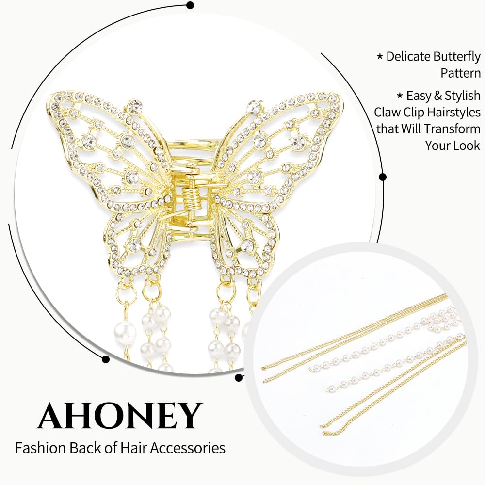 Ahoney 2 pinzas de mariposa para el cabello, pinzas de mariposa para el cabello con dijes, pinzas de metal para el cabello con borlas, perlas y