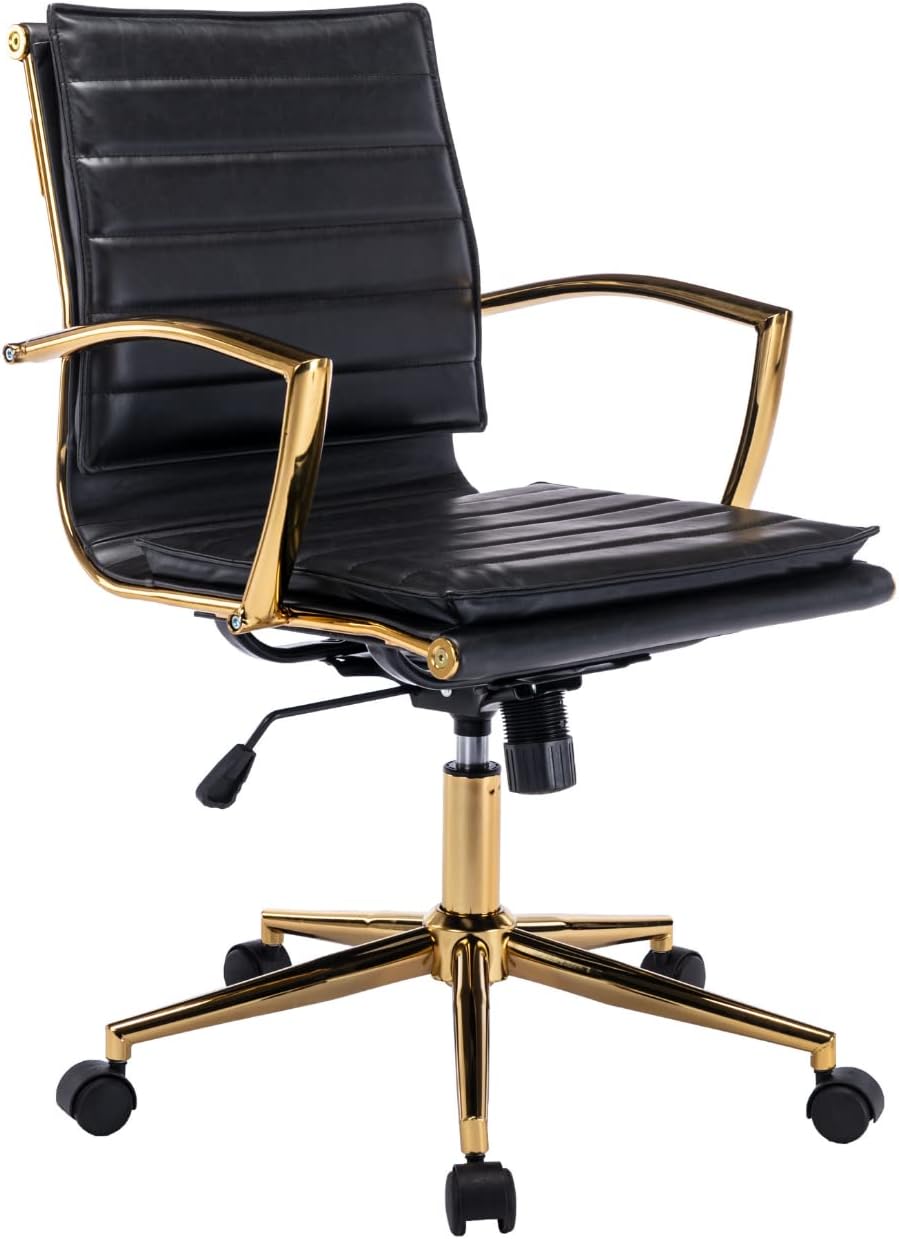 EALSON Silla de escritorio de cuero moderna, silla ergonómica de oficina con ruedas y brazos, base dorada, cómoda silla de trabajo para computadora,