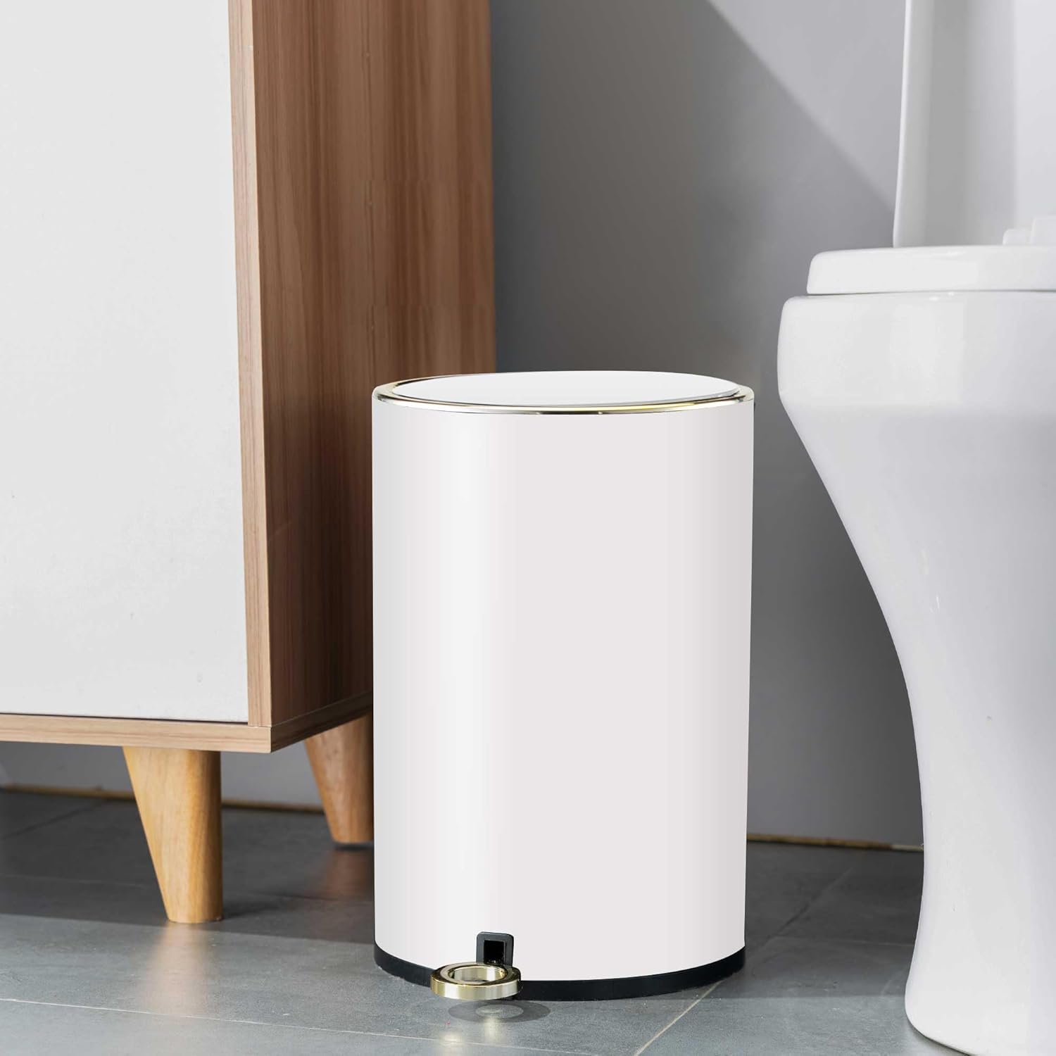 Cubo de basura redondo de metal con tapa y pedal, contenedor de basura de 2 galones con papelera interior extraíble para baño, dormitorio, cocina,