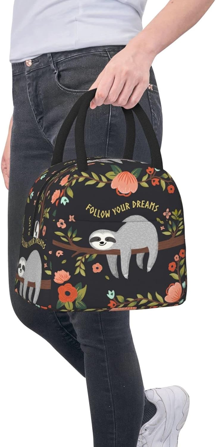 Duduho Bolsa de almuerzo con texto en inglés “Follow Your Dream”, bolsa grande con diseño de perezoso, reutilizable, para mujeres, hombres, escuela,