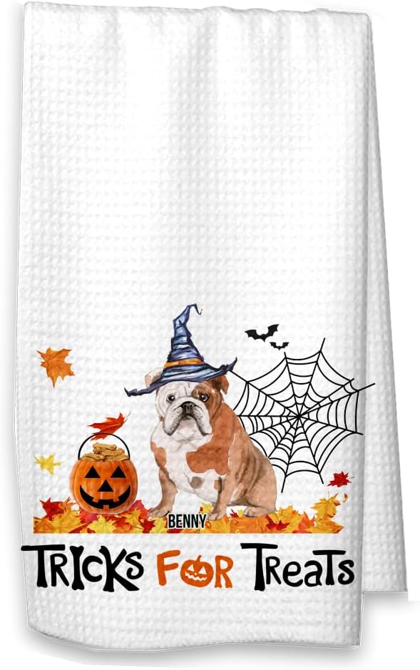 Studio 9Thirty3 Tricks for Treats – Toalla de gofres de cocina de Bulldog inglés, Halloween, decoración de otoño de bulldog inglés (toalla blanca,