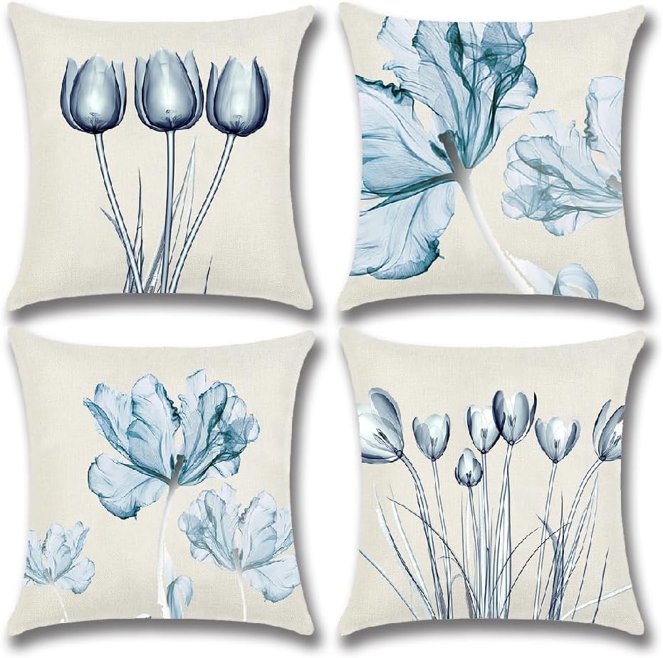 Funda de almohada de primavera para exteriores de 18 x 18 pulgadas, fundas de almohada de flores de tulipán azul, fundas de almohada florales de