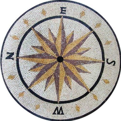 Diseño de brújula de mosaico, piedra redonda, diseños de mosaico, obra de arte de mosaico, incrustaciones de piso de arte de pared de mosaico,