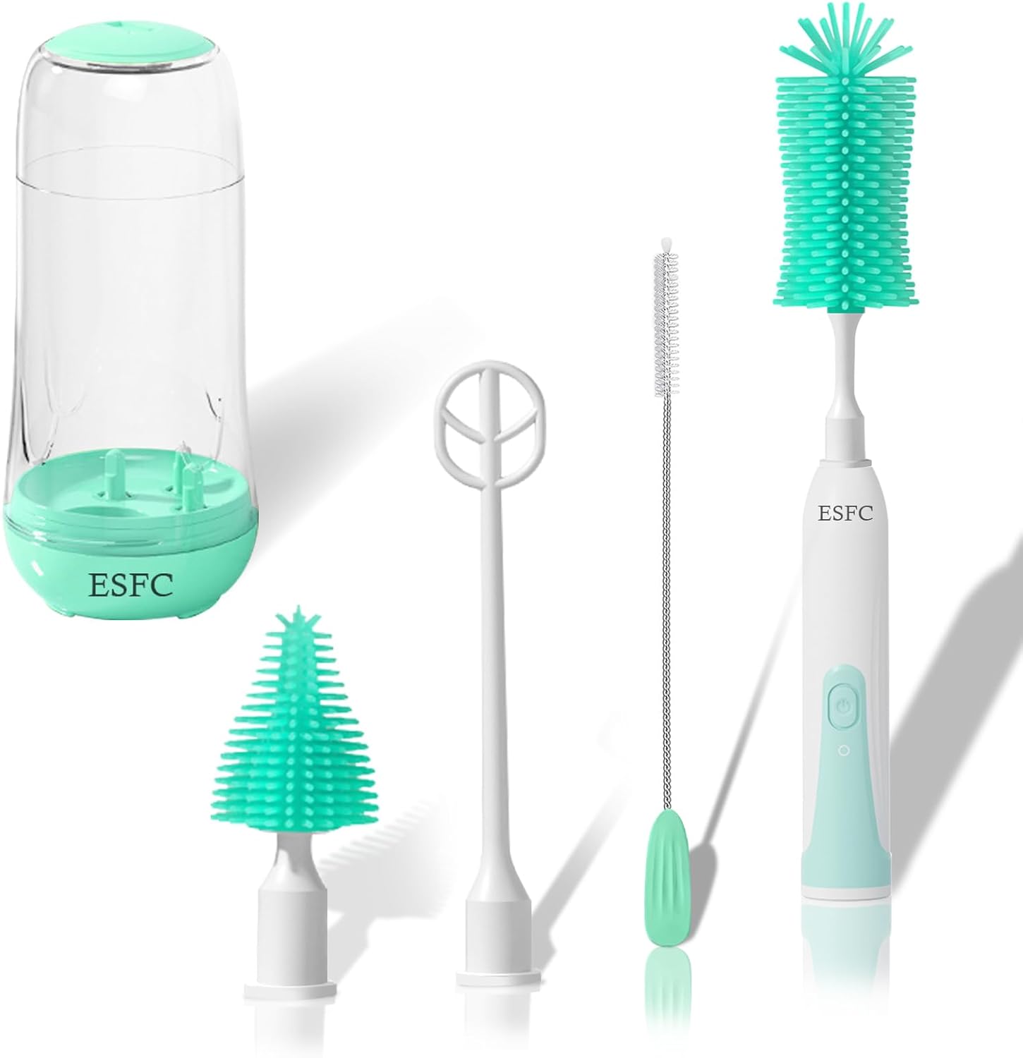 ESFC Juego de cepillos eléctricos portátiles para biberones con cepillo eléctrico para botellas, cepillo para pezónpajilla, espumador de leche y