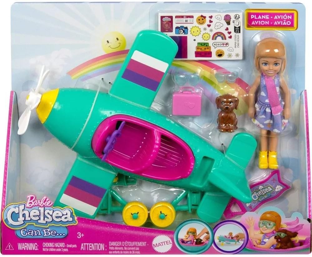 Barbie Chelsea Can Be – Juego de muñeca y avión, avión de 2 plazas con hélice de margarita giratoria y 7 accesorios, incluye cachorro y calcomanías