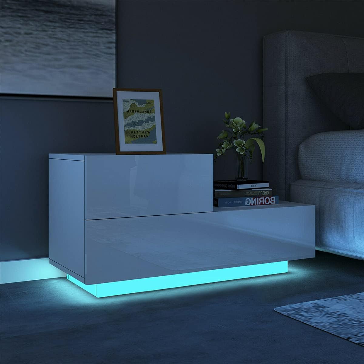 HOMMPA Mesita de noche LED pequeña, moderna mesa de noche blanca de alto brillo con 2 cajones, mesita de noche con luz LED, mesa auxiliar con
