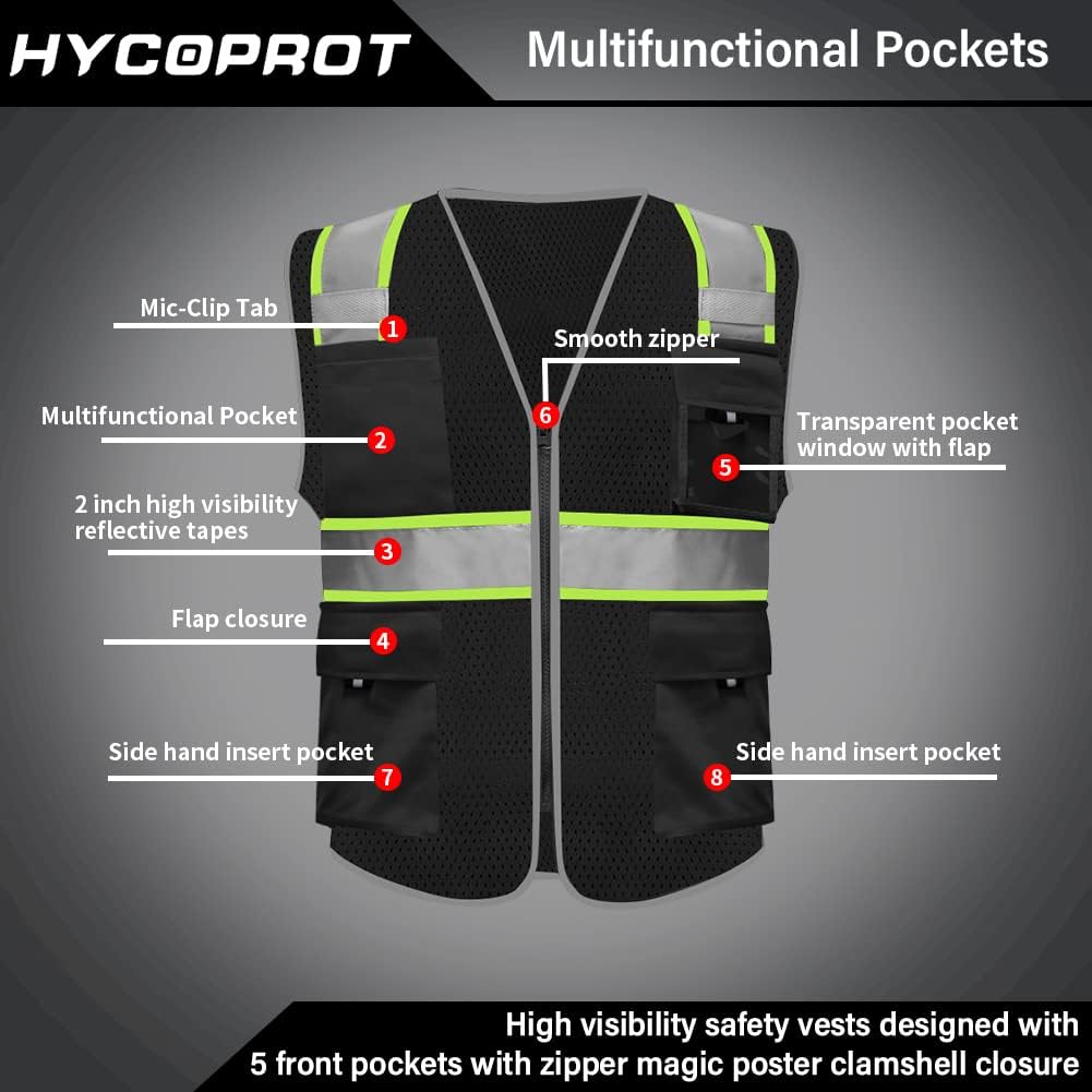 HYCOPROT Chalecos de seguridad reflectantes de malla de alta visibilidad con bolsillos y cremallera, cumple con las normas ANSIISEA