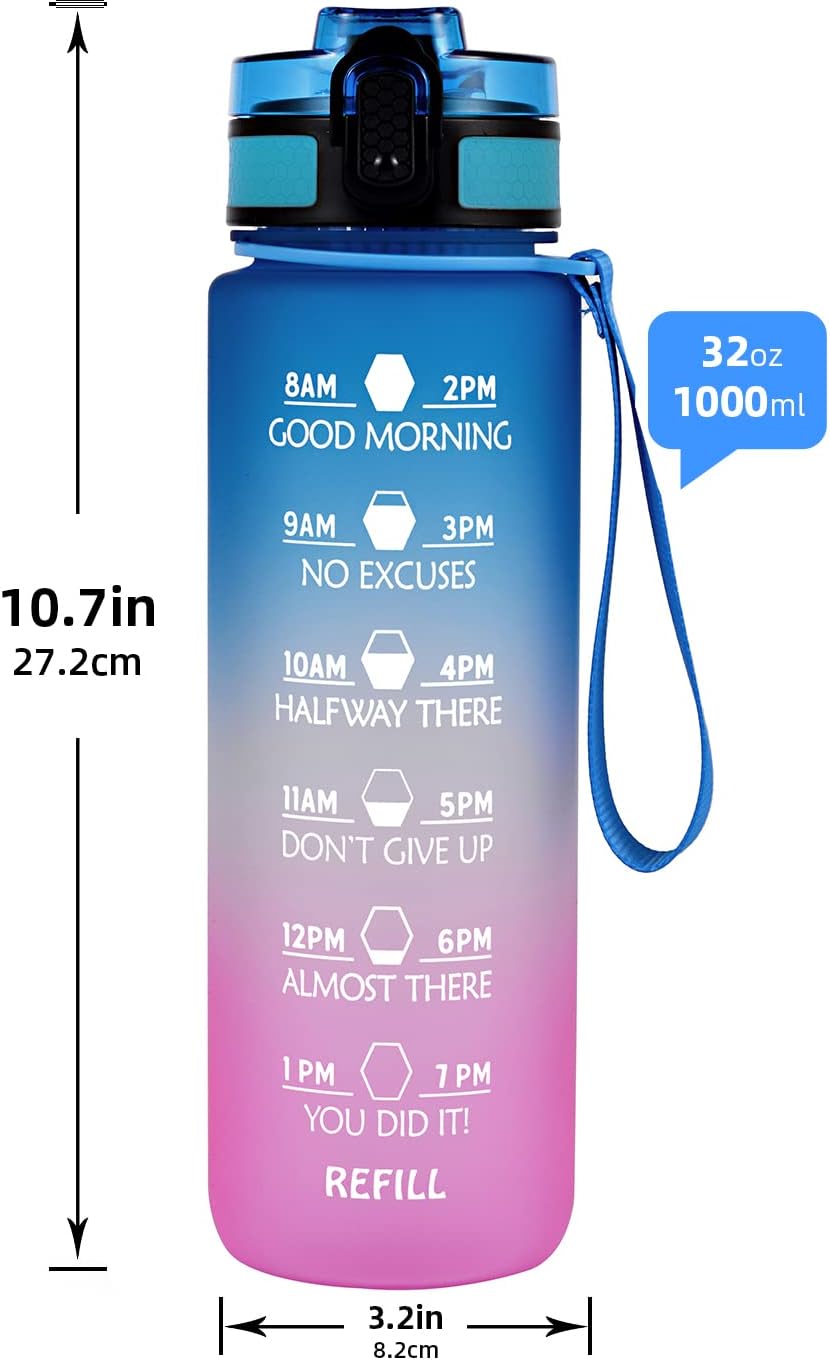 PZLife Botella de agua deportiva sin BPA, a prueba de fugas, 32 onzas, con escala de tiempo y colador de frutas, sabor no plástico, reutilizable,
