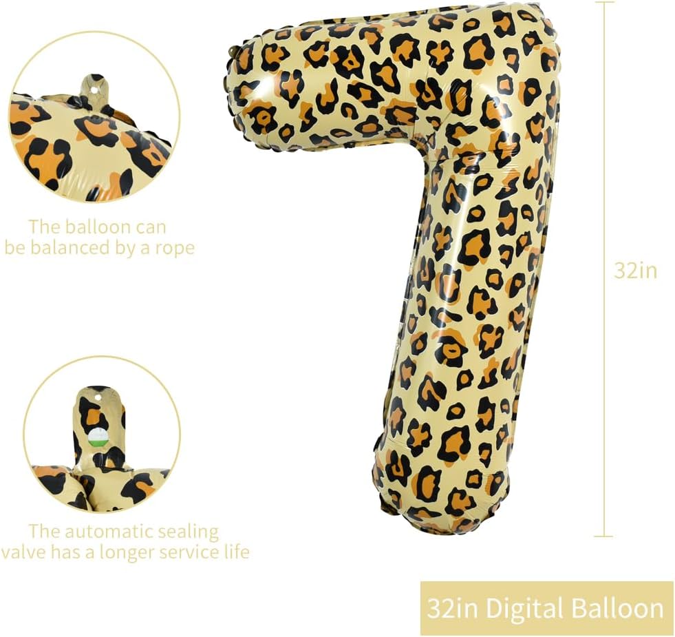 TONIFUL Globo grande de leopardo de 32 pulgadas con el número 7 de guepardo digital de siete globos de animales con temática de safari para fiestas
