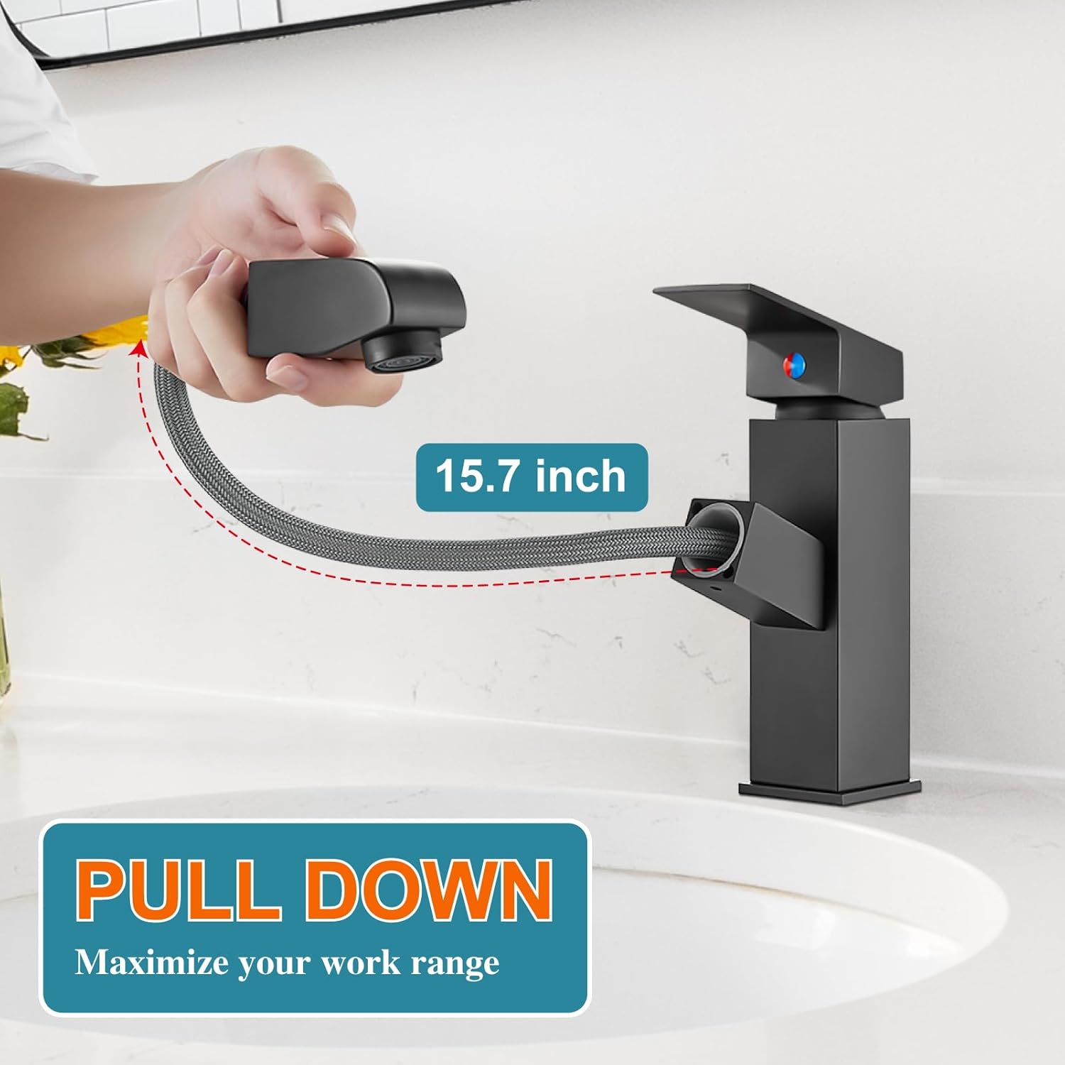 Grifo de lavabo de baño negro mate, rociador extraíble de un solo mango, un agujero, moderno lavabo de tocador de caravana, manguera de suministro