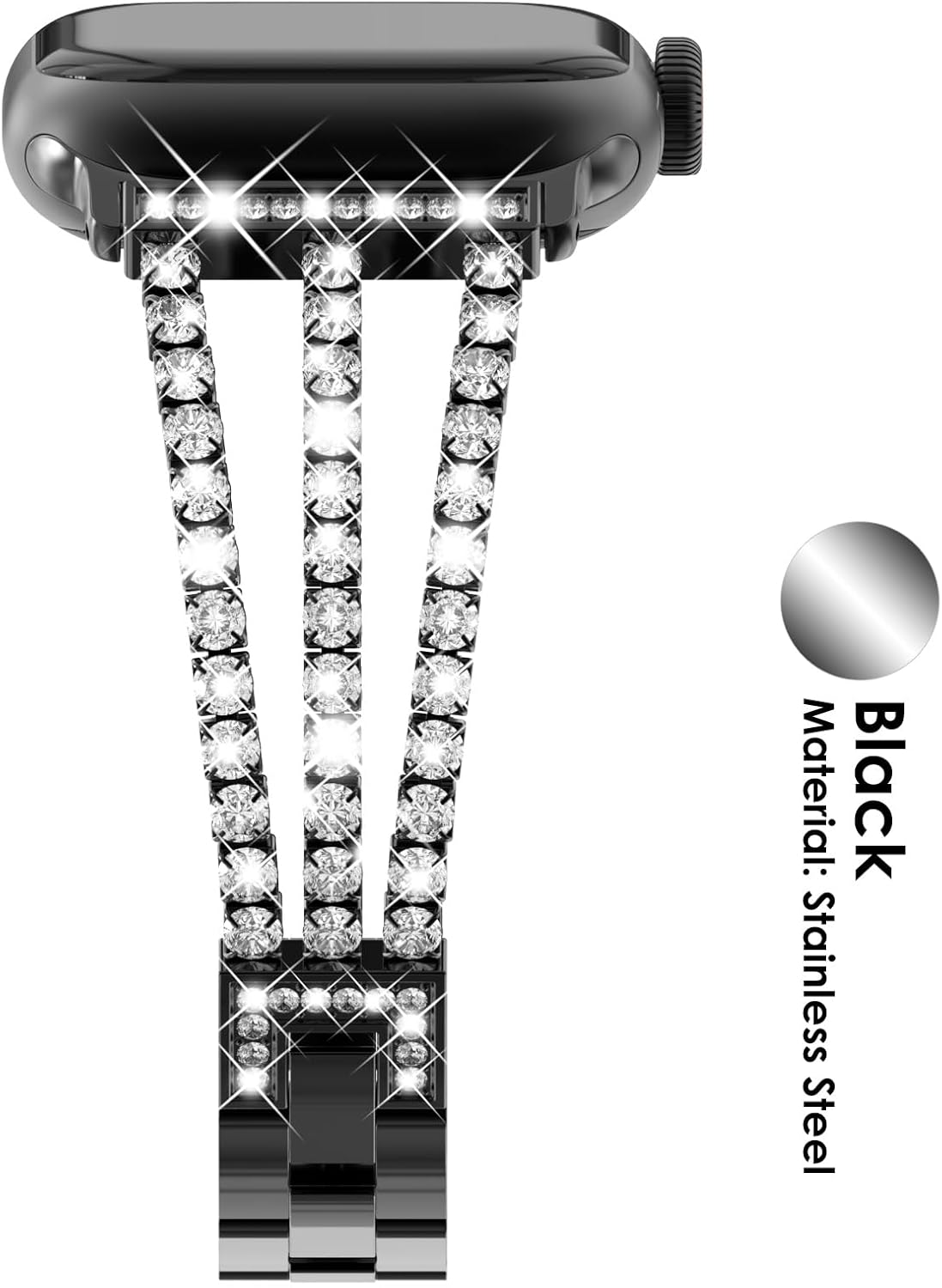 FULLIFE Compatible con Apple Watch Band Series 9, 8, 7, SE2, 6, 5, 4, 3, 2, 1 con diamantes de cristal, correa de acero para mujer (1.614, 1.575,