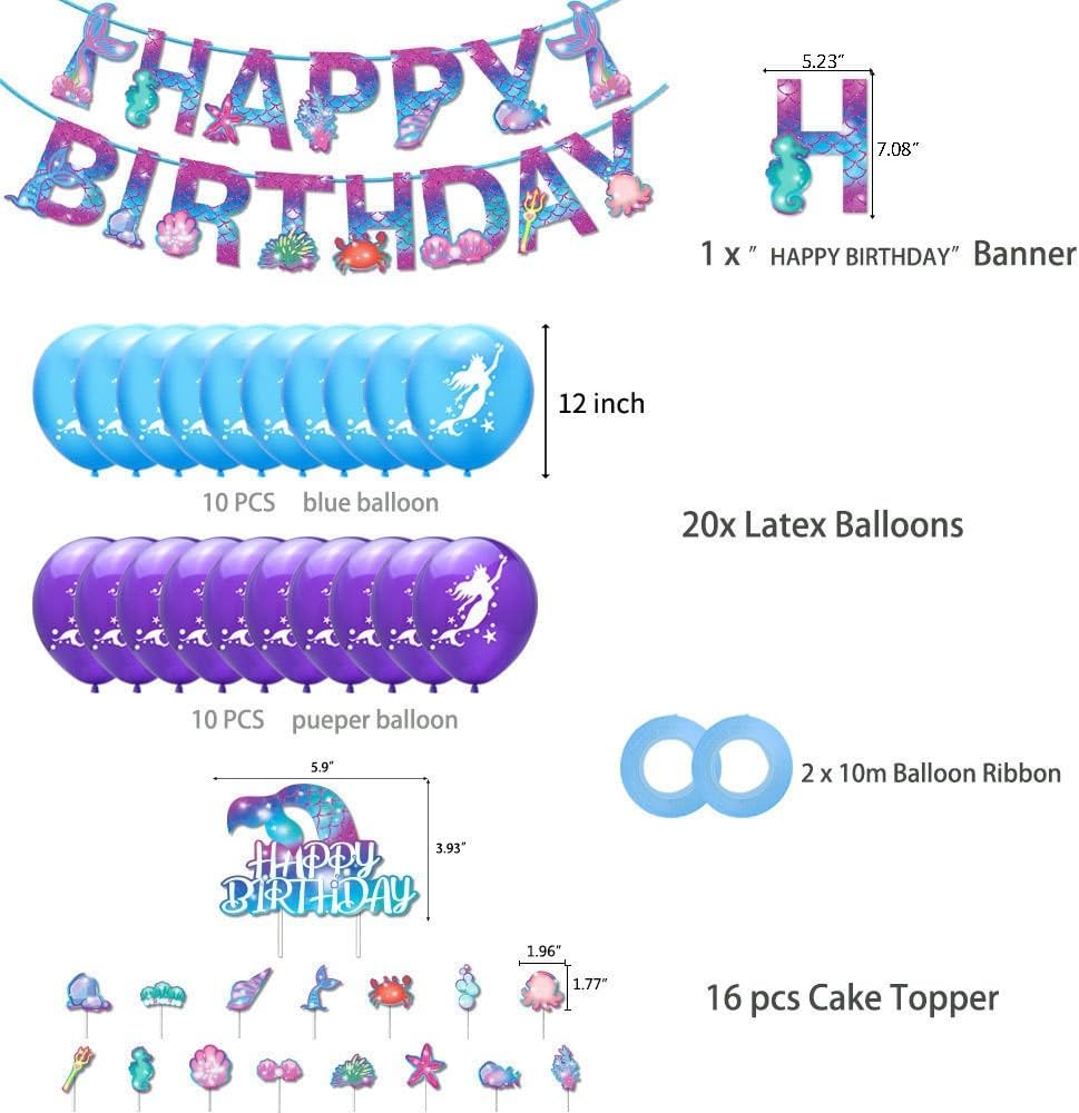 Decoraciones de cumpleaños de sirena, decoraciones de fiesta de sirena, suministros de fiesta de sirena, incluyendo globo de sirena, bandera,