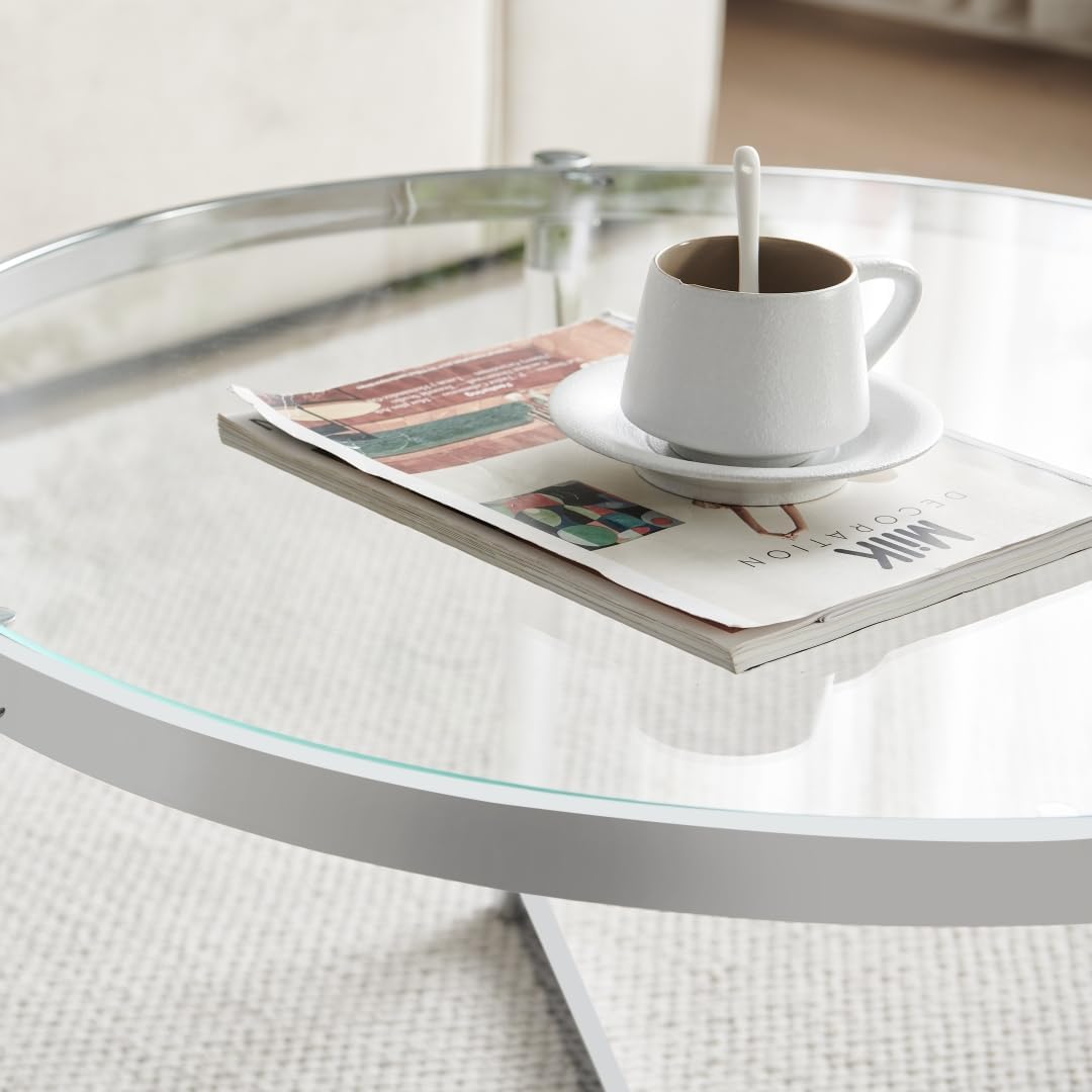 Saint Mossi Mesa de centro de cristal, diseño moderno, mesa de centro de vidrio de una sola capa para espacio vital, 32 pulgadas de diámetro x 17