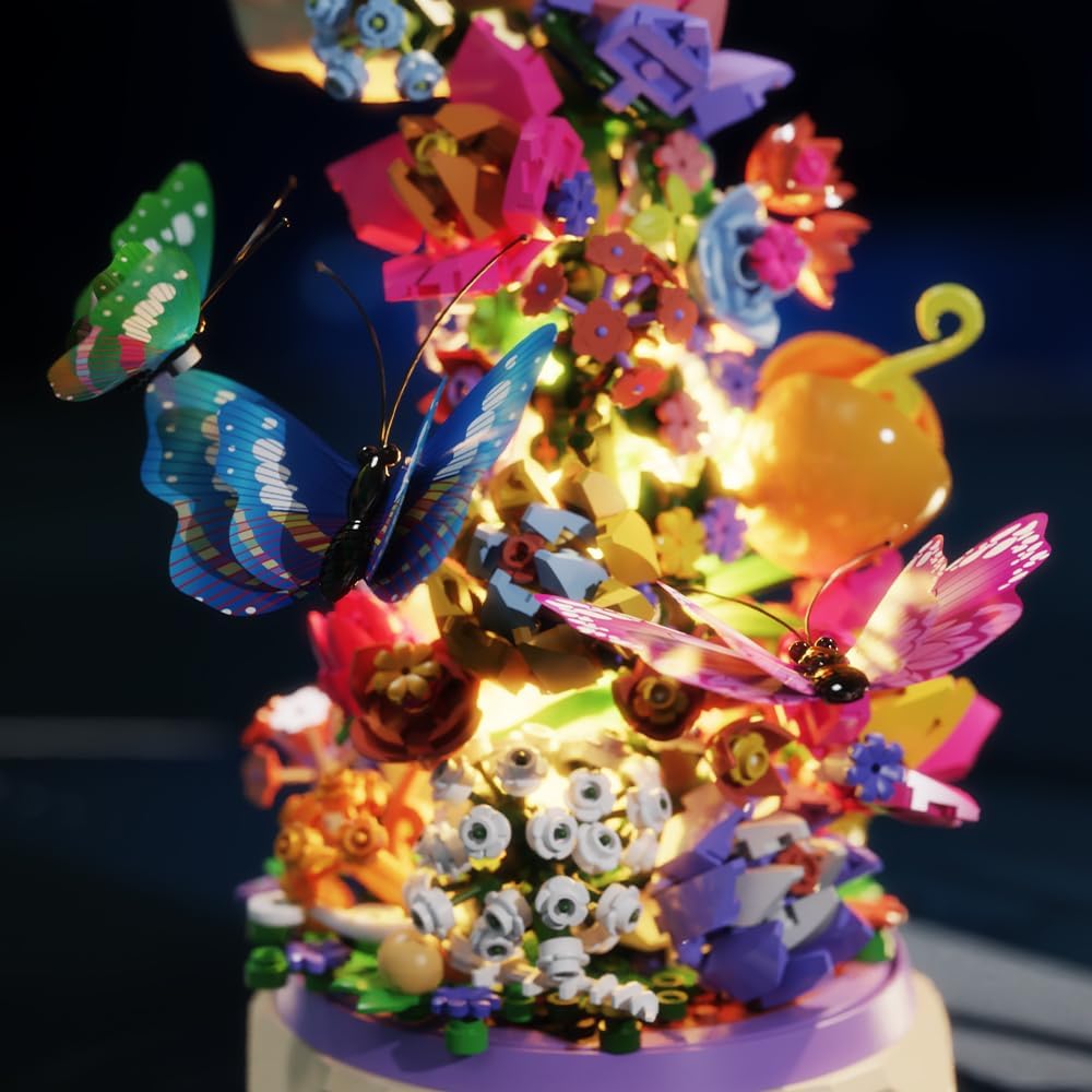 Mesiondy Juego de flores de construcción, caja giratoria de música de flores, con luz, con mariposas, regalo de cumpleaños, kits de construcción de