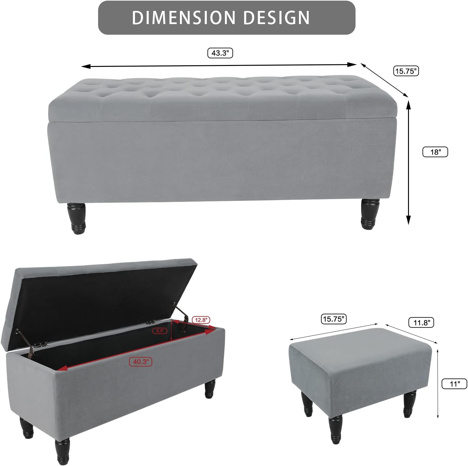 Banco otomano de almacenamiento, banco de terciopelo en el extremo de la cama con 2 otomanas pequeñas para dormitorio, banco de almacenamiento con
