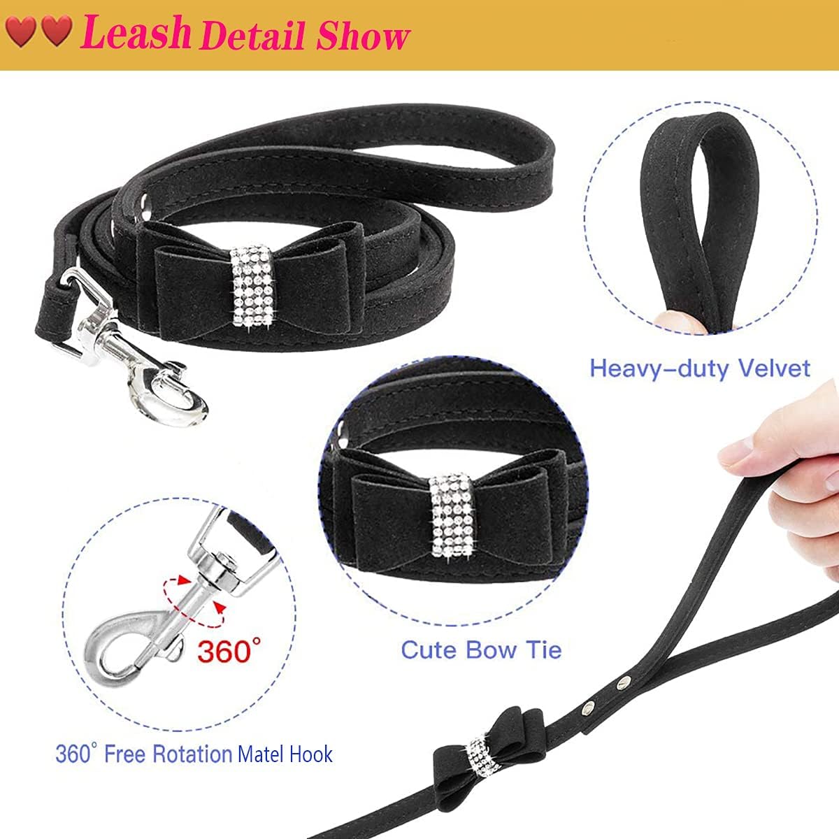 Juego de collar para perro con correa, collares y correas ajustables para perros y gatos con diamantes de imitación y lazo de cristal brillante para