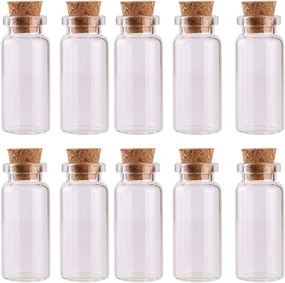 Paquete de 20 botellas de vidrio de 0.7 onzas líquidas con tapón de corcho, botellas de vidrio de muestra vacías, pequeños frascos transparentes,