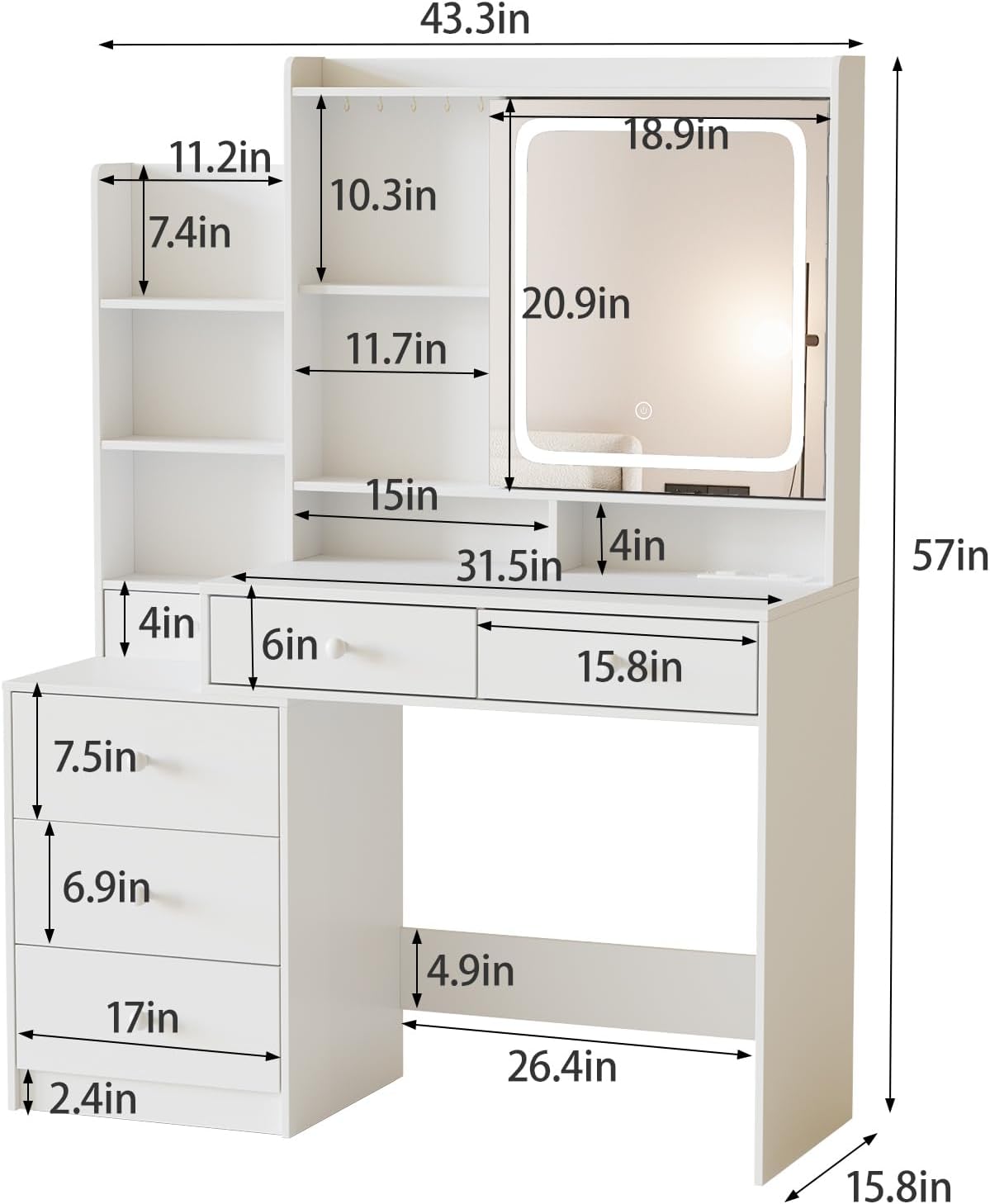 Tocador de maquillaje blanco con espejo LED y tira de alimentación, escritorio de tocador con muchos cajones y espejo que se puede abrir, mesa de