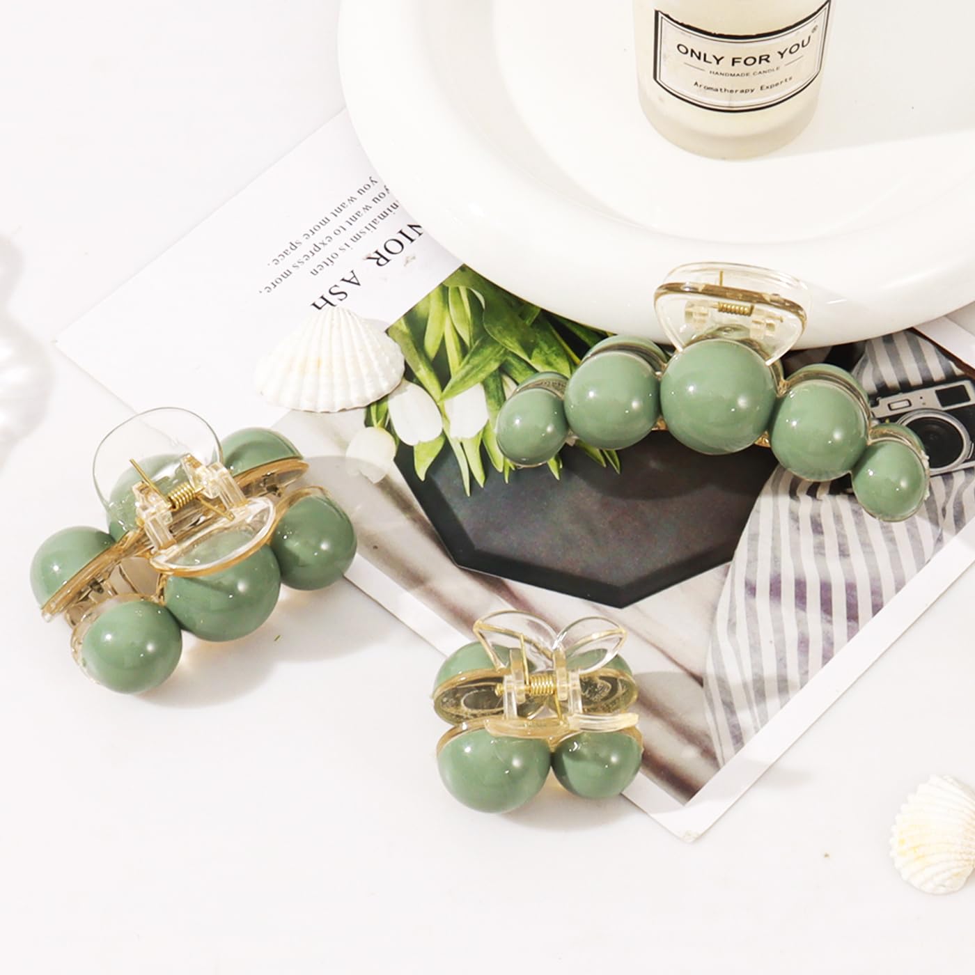 3 pinzas para el cabello con perlas verdes, pinzas de resina acrílica, lindas pinzas para el cabello medianas y pequeñas, pinzas antideslizantes