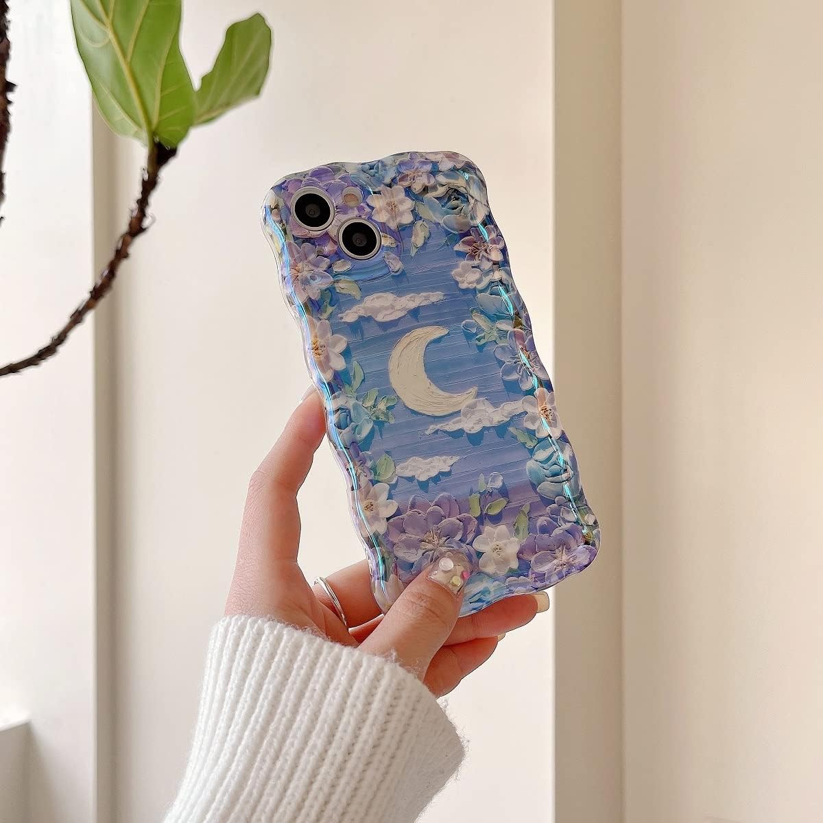 Funda para iPhone 13 Pro, lindo diseño de borde ondulado transparente IMD con flores de patán, duradera, a la moda, retro, de silicona, funda