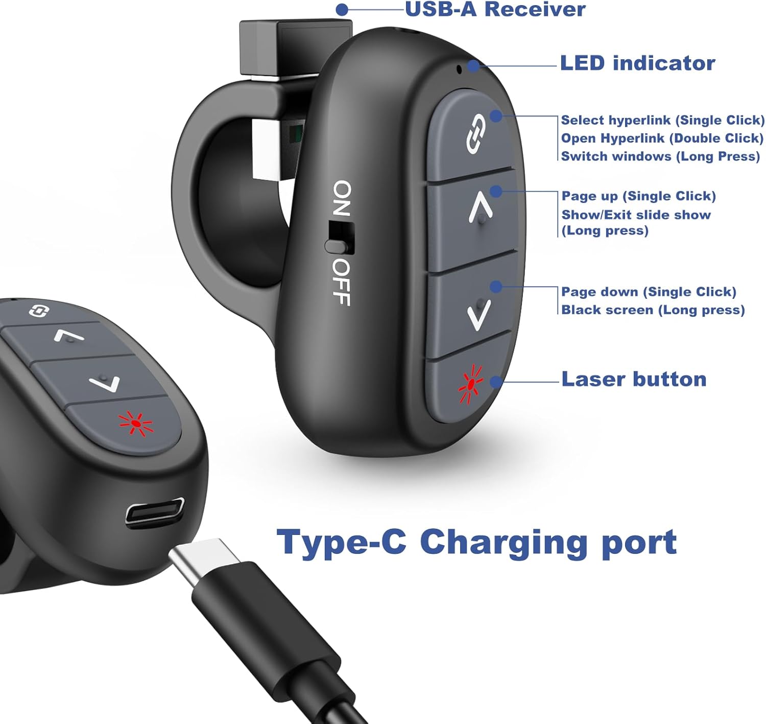 Presentación Clicker PowerPoint Wireless Presenter Remote Puntero láser Clickers de computadora, Hyperlink Finger Ring Project Power Point PPT