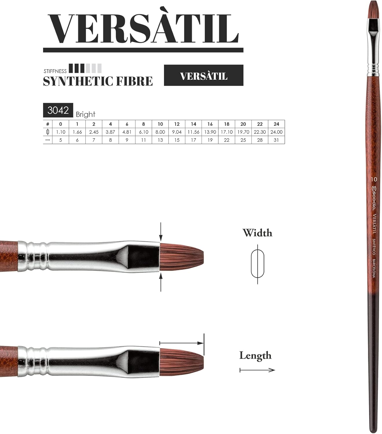Escoda Versatil 3042 Series Artist – Pincel para pintura al óleo y acrílico, sintético Kolinsky, mango largo, brillante, tamaño 0