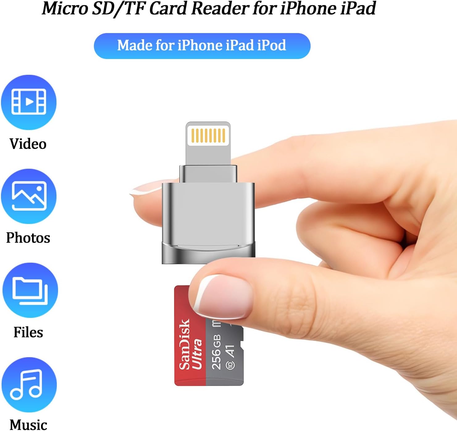 Certificado MFi de Apple Lector de tarjetas micro SD para iPhone, lector de tarjetas Lightning a Micro SDTF, adaptador de tarjetas micro SD para