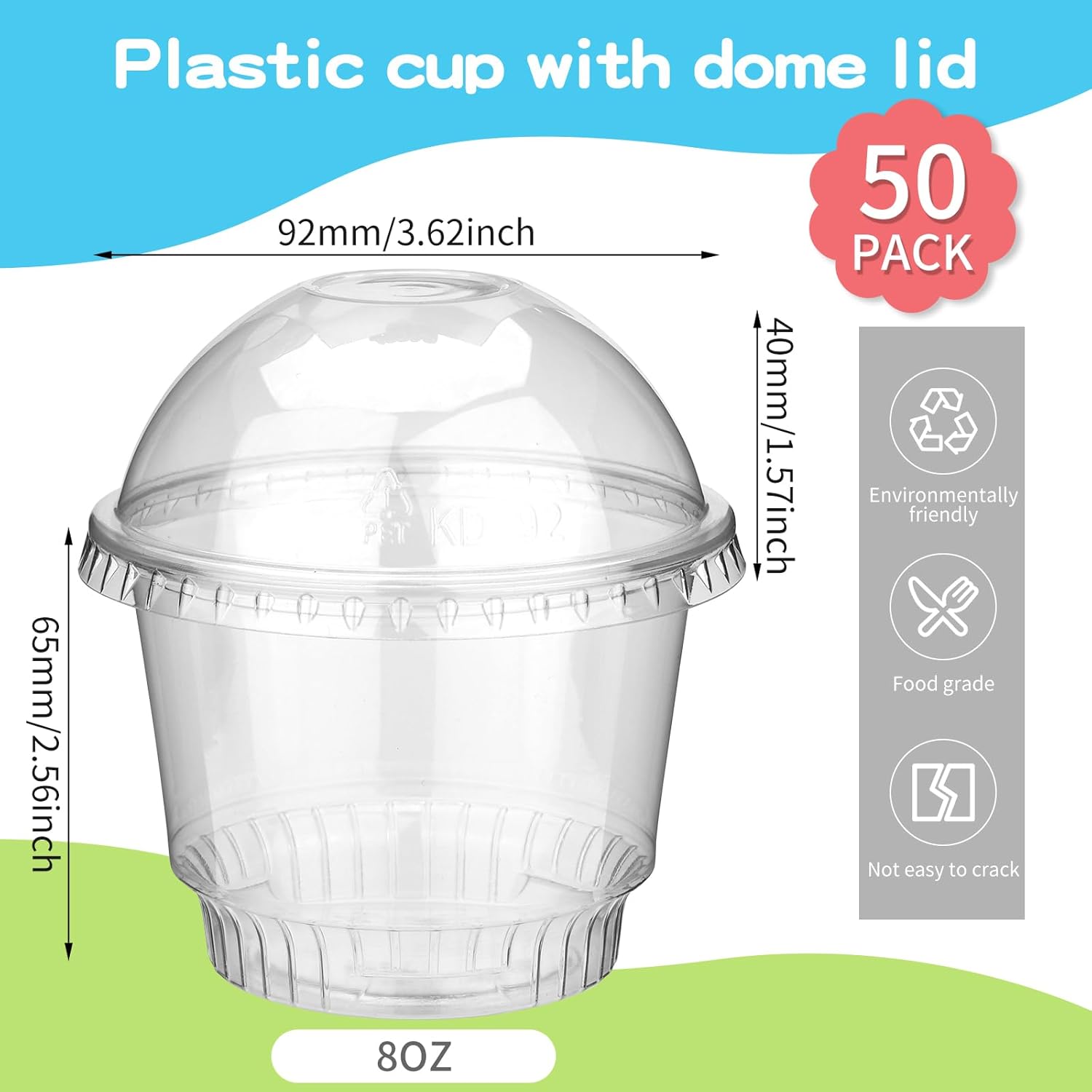 Giwrmu 50 tazas de postre de plástico transparente de 8 onzas con tapa de cúpula, tazas desechables para helado y tazas de parfait, vasos de
