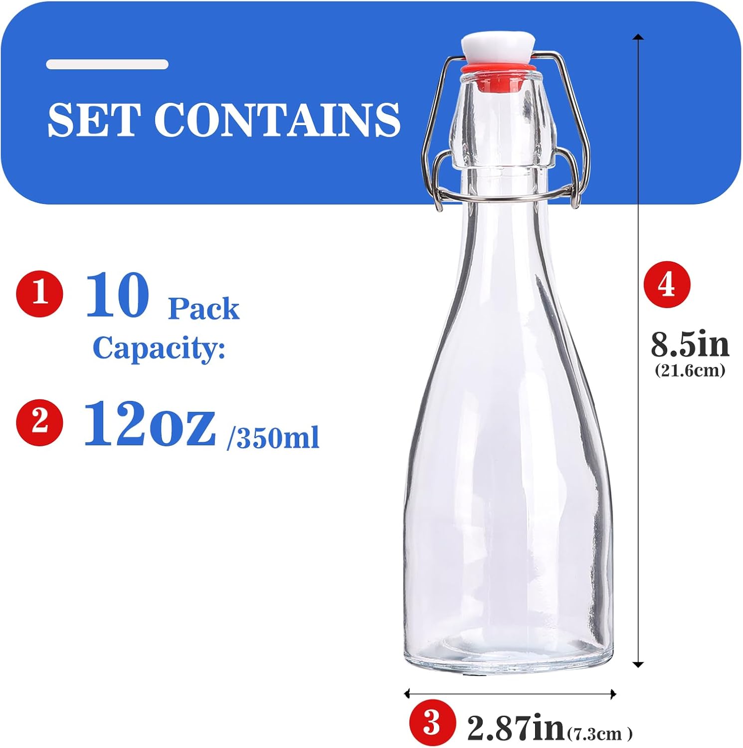 Botella de vidrio transparente con tapa abatible para tapas herméticas, paquete de 10 botellas de cerveza de 12 onzas con tapas abatibles, kombucha