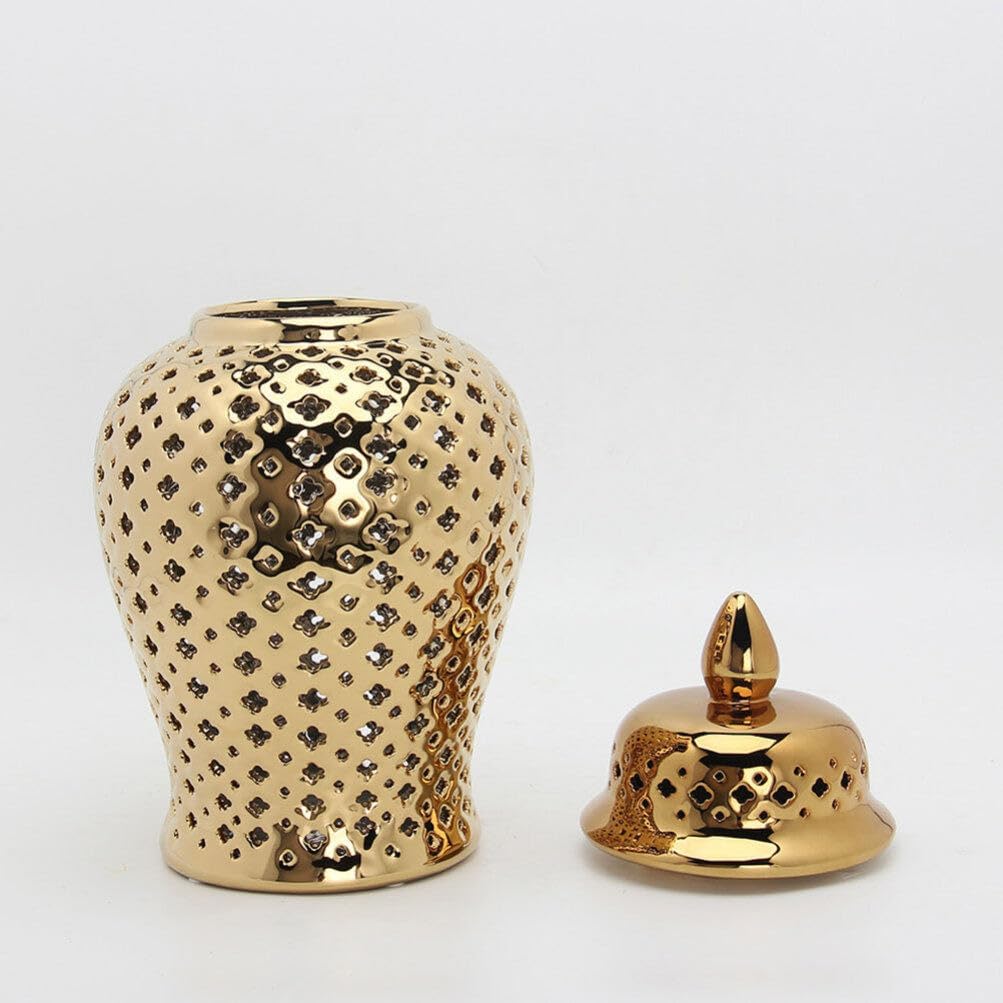 HOMSFOU Tarro de jengibre de cerámica con tapa tallada celosía decorativa tarro de templo moderno de cerámica ahuecado tarro de jengibre florero