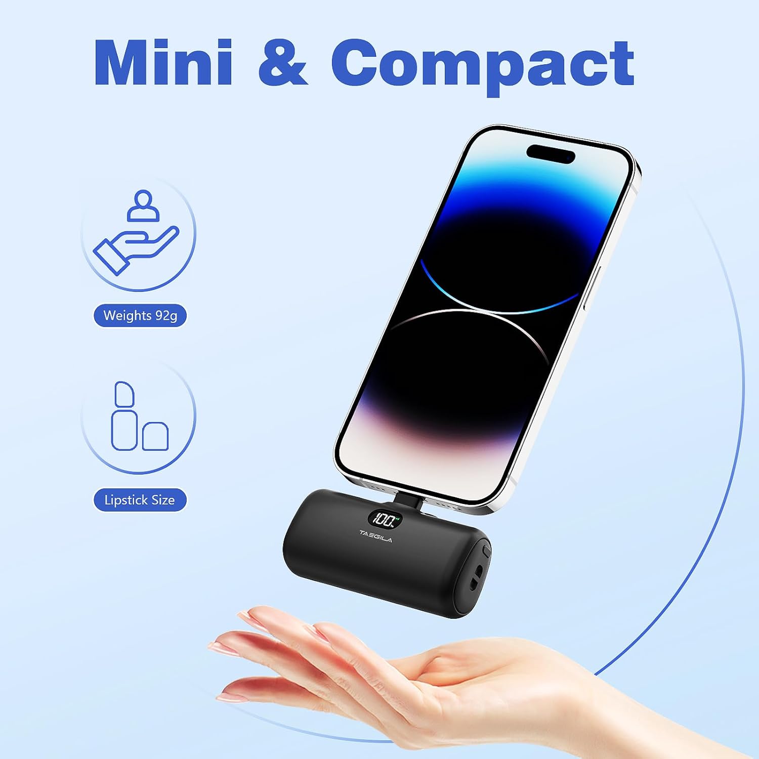 Taegila Cargador portátil pequeño para iPhone de 5000 mAh con cable integrado y soporte de metal, banco de energía compacto certificado MFi con