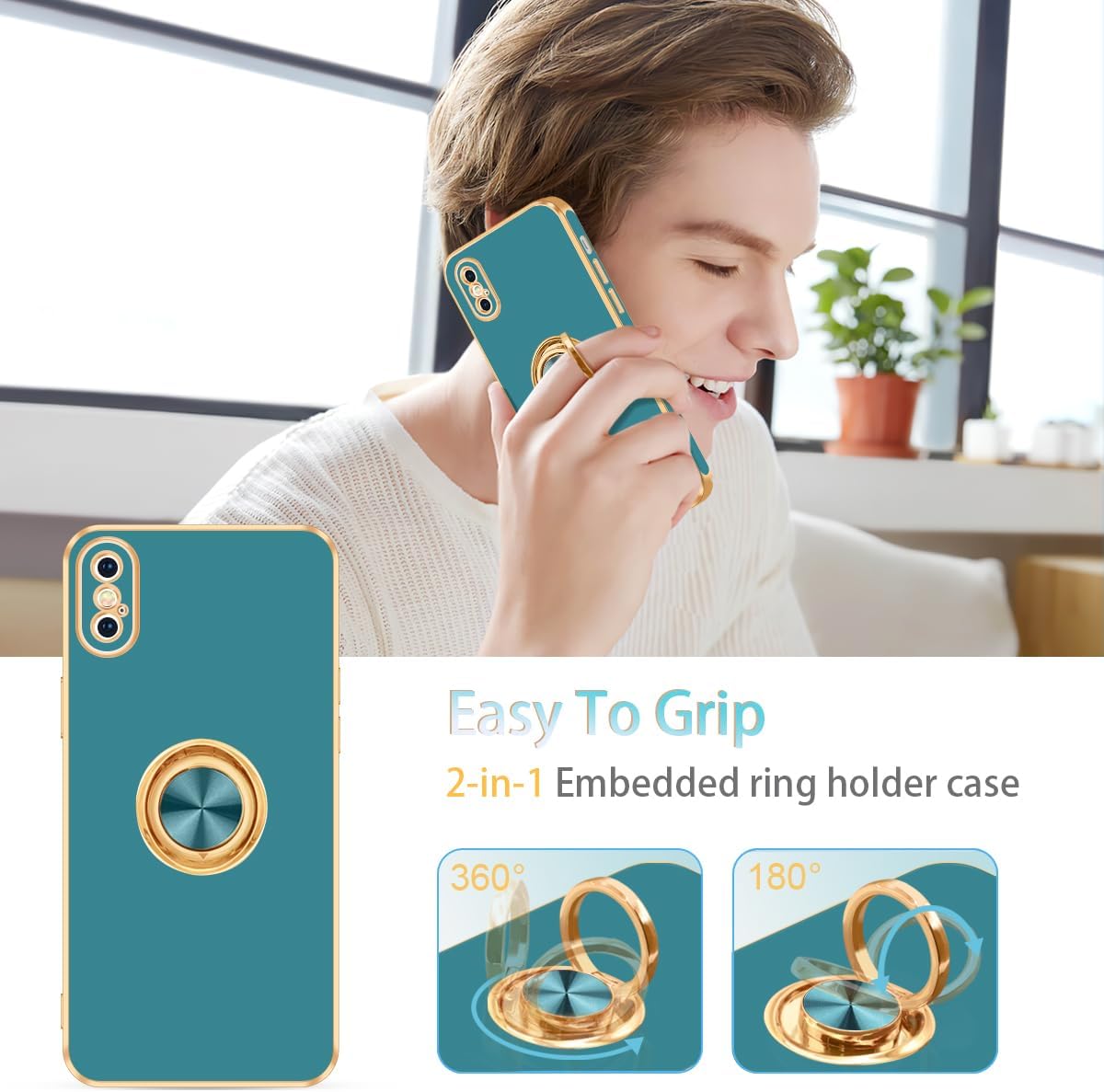 Fingic Funda para iPhone X, iPhone XS con soporte de anillo de 360 Soporte magnético giratorio con borde dorado brillante, delgada, suave TPU a