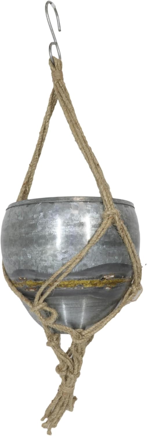 Ebros Gift Juego de 2 macetas rústicas de metal galvanizado para colgar en la pared con cuerdas tejidas de yute en tamaños escalonados para plantas,