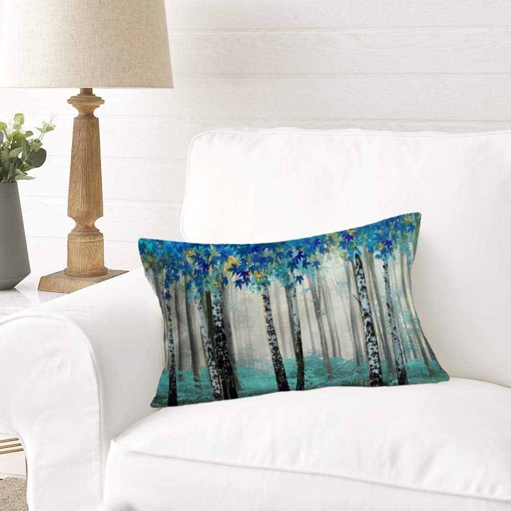 Funda de almohada lumbar de 12 x 20 pulgadas, fundas de almohada rectangulares azules con diseño de árbol de abedul, pintura al óleo de acuarela,